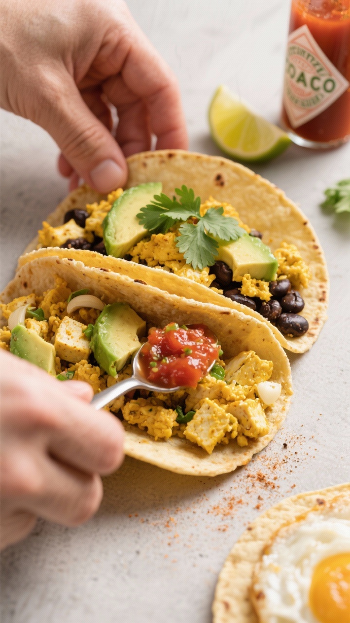 45-degree action-style close-up of Tofu Scramble Breakfast Tacos being assembled on a neutral surface: warm corn tortillas filled with fluffy golden tofu crumbles seasoned with turmeric, garlic and onion powder, smoked paprika, and nutritional yeast; mixed with a spoonful of salsa and black beans; topped with diced avocado, chopped cilantro, lime wedges on the side, and a bottle of hot sauce nearby; vibrant colors, slight sizzle sheen on the tofu, inviting street-taco presentation.