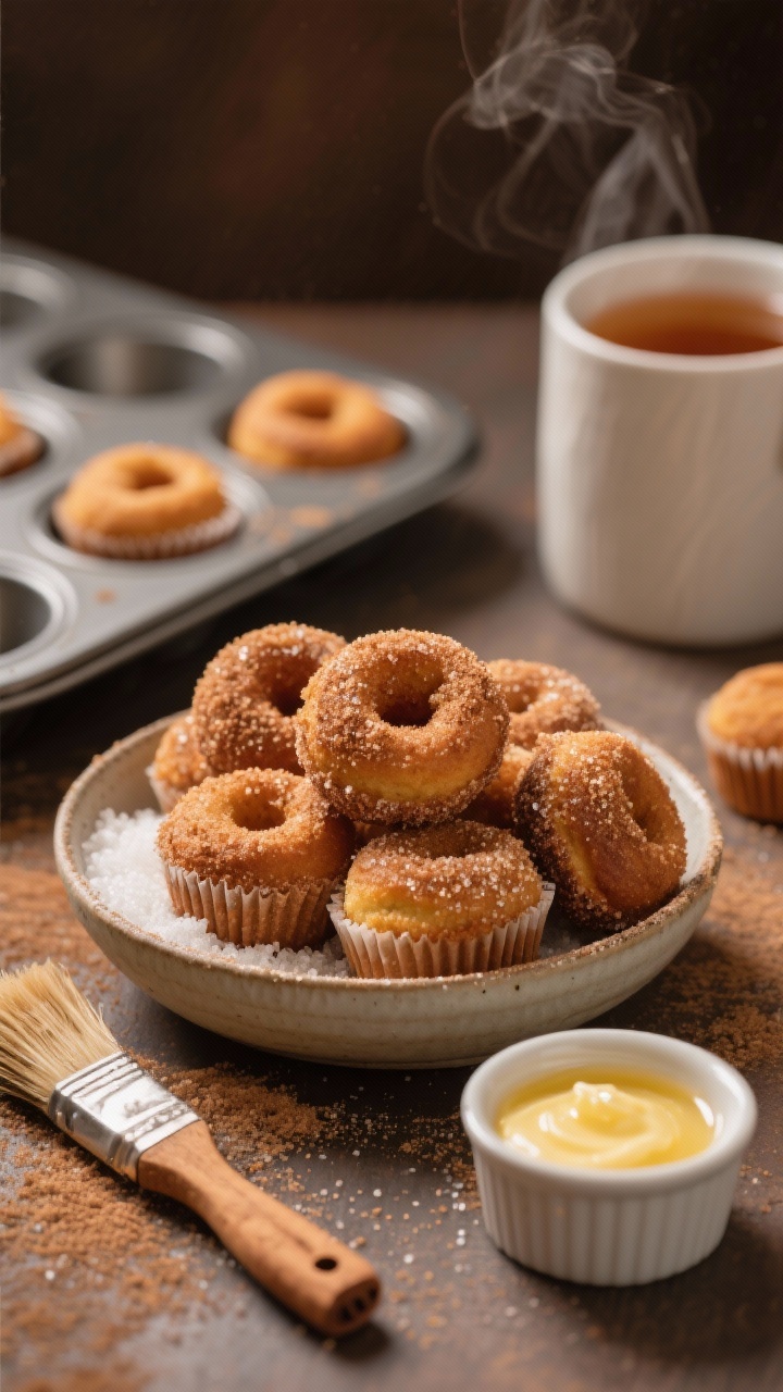 45-degree angle close-up of cinnamon-sugar baked donut holes just rolled in crackly cinnamon sugar: mini muffin–shaped, cake-y rounds piled in a shallow bowl, granulated sugar crystals sparkling, a brush and ramekin of melted butter beside them, with a greased mini muffin tin and a few uncoated donut holes in the background; warm tones, tight depth of field, steam faintly rising, styled with a cup of hot cider out of focus.