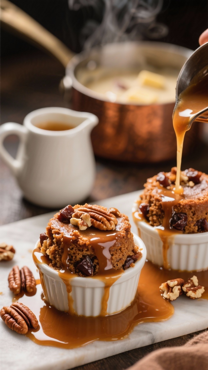45-degree angle close-up of Maple Pecan Sticky Toffee Pudding mini cakes just out of ramekins, poked and drenched with glossy maple-toffee sauce pooling around the bases; tender crumb with visible chopped dates and toasted pecans; a warm saucepan of sauce (cream, butter, dark brown sugar, maple syrup) in the background with steam, and a small pitcher mid-pour; garnished with extra chopped pecans; rich amber color palette, soft highlights, shallow depth of field for a decadent, plush look.