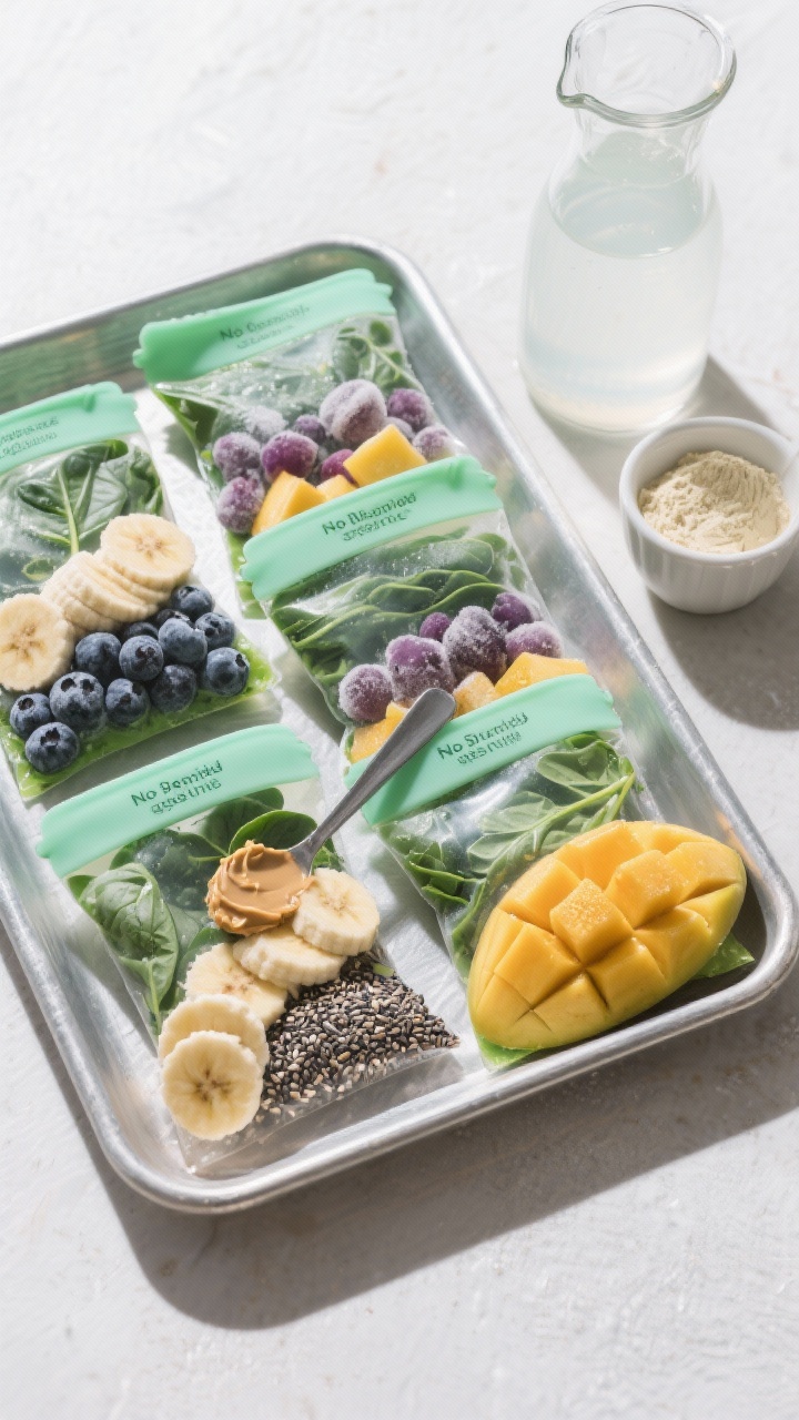 45-degree angle freezer-pack ingredient flat lay for no-blend green smoothies: labeled reusable silicone pouches arranged on a chilled metal tray, each showing layered baby spinach, sliced ripe banana, frozen mango chunks, frozen berries, a spoonful of almond butter, and chia seeds; a small cup of vanilla protein powder to the side (not in packs), and a carafe of cold coconut water for day-of blending; frosty textures, vibrant greens and purples, bright, refreshing light, no people.