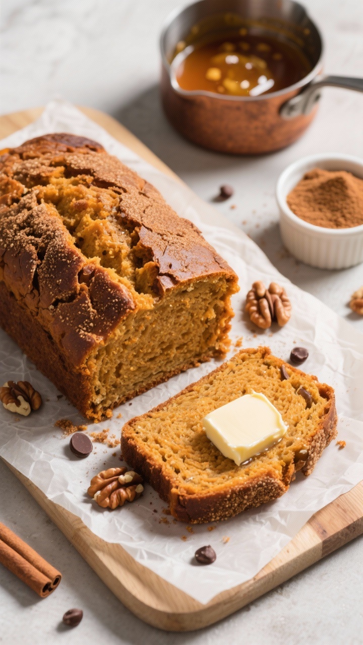 45-degree angle hero shot of a thick-sliced brown butter pumpkin bread on a parchment-lined cutting board, cinnamon-sugar crust sparkling and crackled, plush orange crumb showing moisture; a small saucepan with browned butter flecks in frame, and a ramekin of cinnamon sugar sprinkled around; optional add-ins (a few toasted walnut pieces and chocolate chips) scattered artfully but not mixed into the loaf; warm afternoon light, minimal props, a buttered slice with a pat of salted butter melting on top.