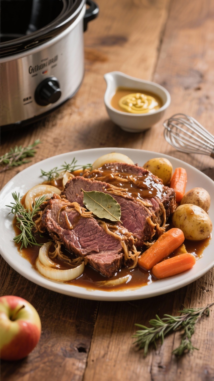 45-degree angle hero shot of Cider-Braised Pot Roast plated family-style: thick slices and shredded edges of tender chuck roast bathed in glossy apple-cider beef gravy, surrounded by sweet onions, chunky carrots, and baby potatoes. Fresh thyme sprigs and a bay leaf as garnish, with a small gravy boat nearby. The background includes the slow cooker insert slightly ajar and a whisk with a cornstarch slurry in a small bowl to hint at thickening. Rich, warm lighting, wood table, subtle apple and Dijon mustard props to echo flavors.