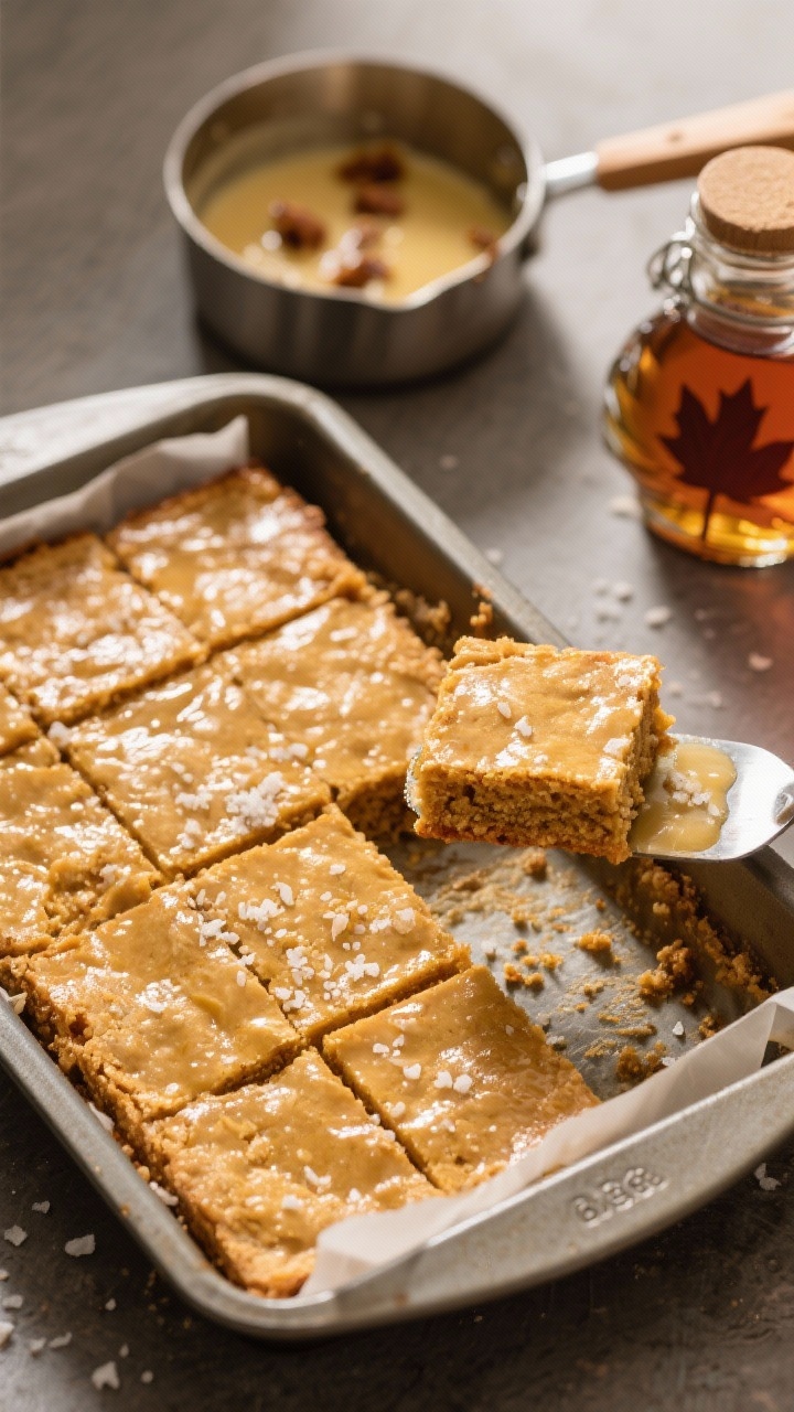 45-degree angle pan shot of brown butter maple blondies: an 8-inch parchment-lined pan of blondies with shiny tops and chewy-looking centers, corners set, sliced into neat squares; a small saucepan with visible browned butter milk solids (brown bits) and a jar of pure maple syrup in the background, flaky sea salt sprinkled over a few squares; warm golden light, crumb texture emphasized, one bar slightly lifted with a spatula to show gooey interior.