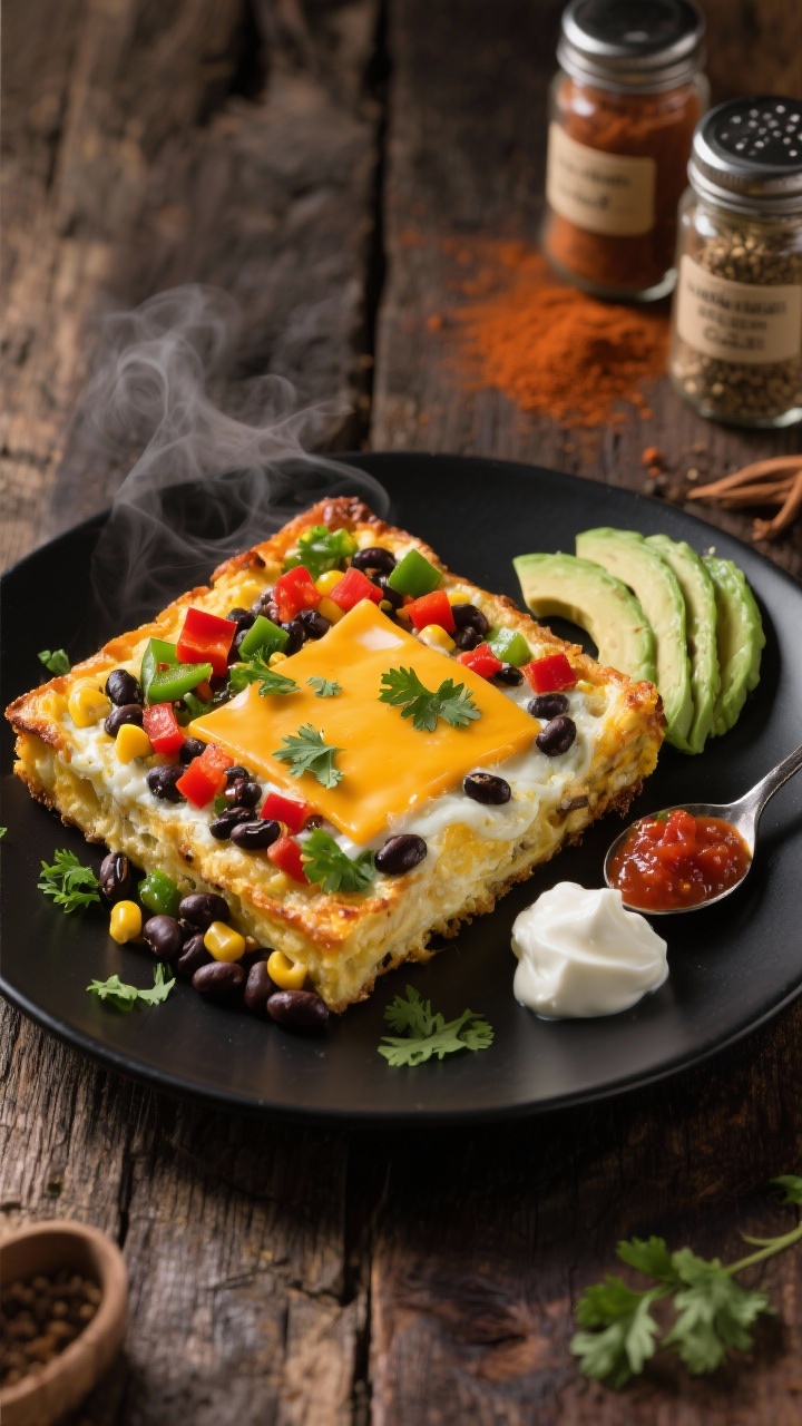 45-degree angle, plated final shot of the Southwest Black Bean Egg Bake: a generous square on a matte black plate showing melty pepper jack on top, colorful diced red and green bell peppers, black beans, corn, and cilantro in a fluffy egg matrix; garnished with extra chopped cilantro, avocado slices fanned to the side, a spoonful of salsa and a dollop of Greek yogurt; warm, smoky mood with cumin, chili powder, and smoked paprika in the scene as small labeled spice jars in the background; shot on a rustic wooden table, vibrant color contrast, steam subtly visible.
