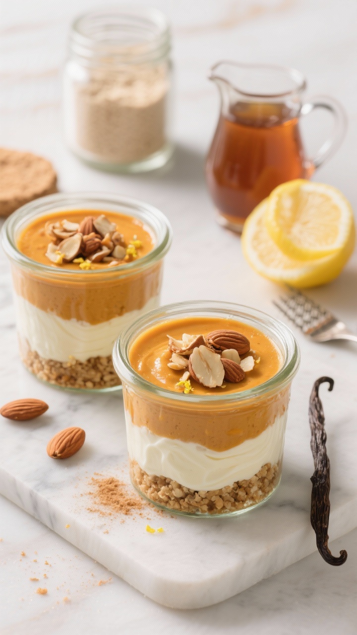 45-degree angle plated presentation: Layered pumpkin cheesecake parfaits in clear glass jars showing distinct strata—crumbly almond “crust” with toasted almond bits, silky spiced pumpkin (pumpkin puree, pumpkin pie spice, cinnamon), and creamy Greek yogurt swirled with vanilla and lemon zest. Finished with extra almond crunch on top, a light dusting of cinnamon, and a fine maple drizzle. Background props: a jar of almond meal, a small pitcher of maple syrup, a lemon with zester curls, and a vanilla pod. Clean marble surface, soft fall tones, bright yet cozy lighting emphasizing creamy and crunchy contrasts.
