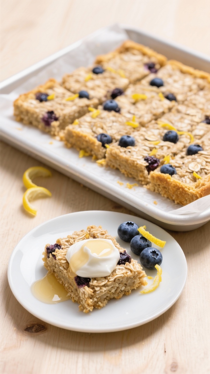 45-degree angle plated presentation of blueberry-lemon baked oatmeal squares: neatly sliced golden-edged bars on a white 8x8 pan liner, blueberries studding the chewy oat and almond flour crumb, lemon zest speckled throughout; one square on a small plate topped with a dollop of Greek yogurt and a drizzle of maple syrup, a few fresh blueberries and curls of lemon zest beside it; soft natural light, light wood surface, clean, wholesome vibe.
