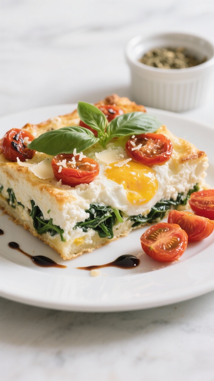45-degree angle plated presentation of Cottage Cheese Egg White Bake With Roasted Tomatoes: a square slice on a matte white plate showing airy, puffed layers of blended cottage cheese, egg whites, eggs, wilted spinach, and roasted cherry tomatoes, with grated Parmesan integrated. Garnished with fresh basil ribbons and a glossy drizzle of balsamic glaze, a few extra roasted tomato halves on the side; clean, bright styling with a small ramekin of Italian seasoning nearby; soft natural light emphasizing the fluffy texture.