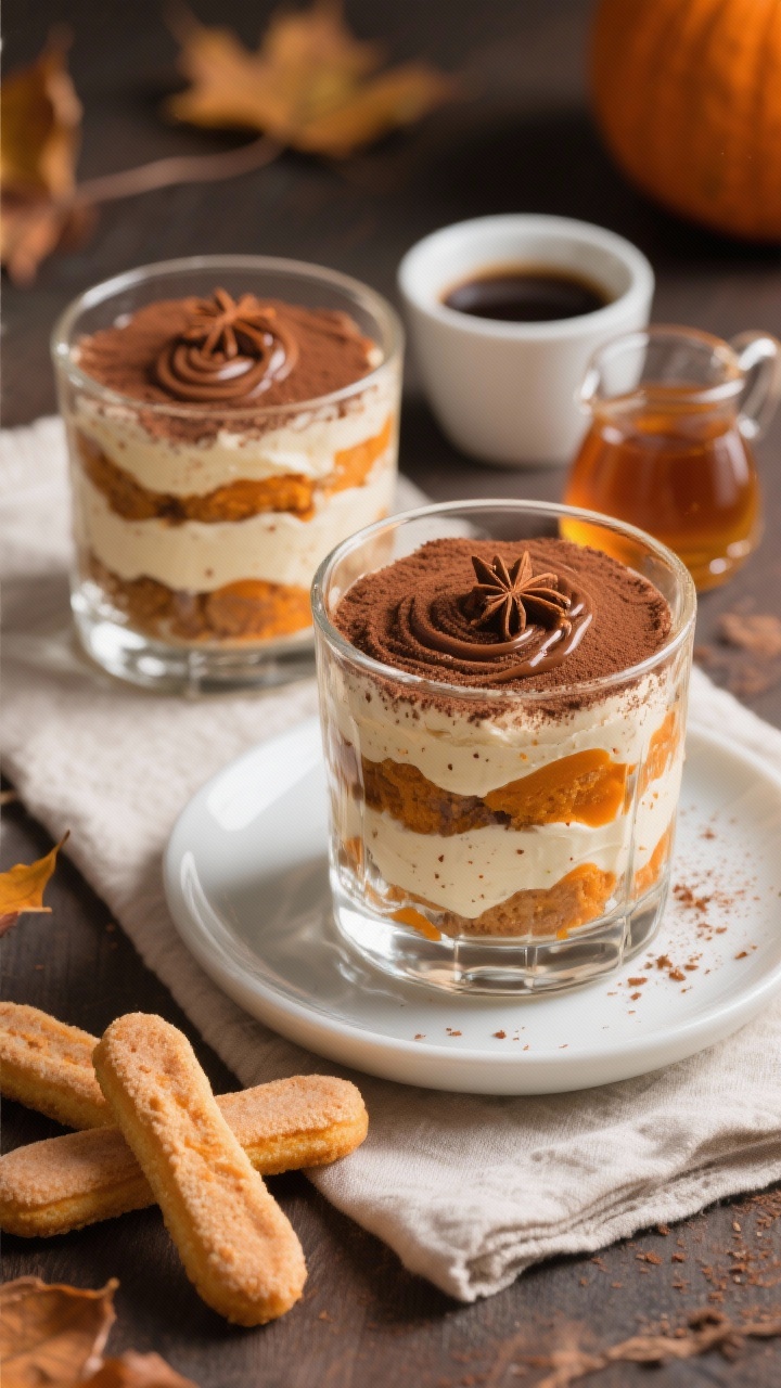 45-degree angle plated presentation of maple pumpkin tiramisu portioned into clear rocks glasses: neatly stacked ladyfingers lightly dipped in coffee-maple mixture, swirled pumpkin–mascarpone–cream layer with visible specks of pumpkin pie spice, finished with a dusting of cocoa powder and grated nutmeg and a delicate maple drizzle. Include a small cup of cooled strong coffee, a tiny pitcher of maple syrup, and a few extra ladyfingers on a linen napkin. Cozy autumn vibe, rich orange and brown palette, shallow depth of field emphasizing creamy layers.