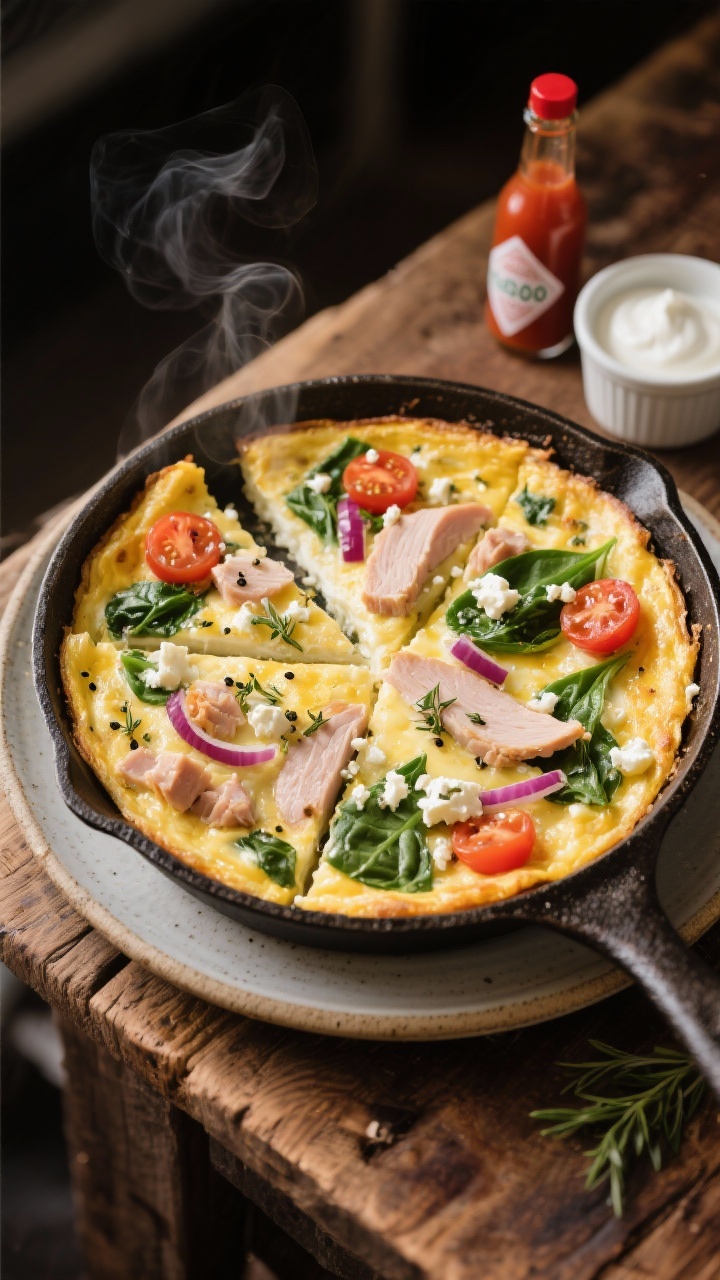 45-degree angle plated shot of a light, fluffy egg white frittata baked in a 9-inch cast-iron skillet, lightly golden at the edges: visible pieces of diced turkey breast, wilted baby spinach, halved cherry tomatoes, red onion, and crumbles of reduced-fat feta throughout; flecks of oregano and black pepper on top. Slice into four wedges with one wedge plated on a simple stoneware plate, a small ramekin of Greek yogurt and a bottle of hot sauce nearby; rustic wooden table, warm oven-baked glow, steam subtly rising.