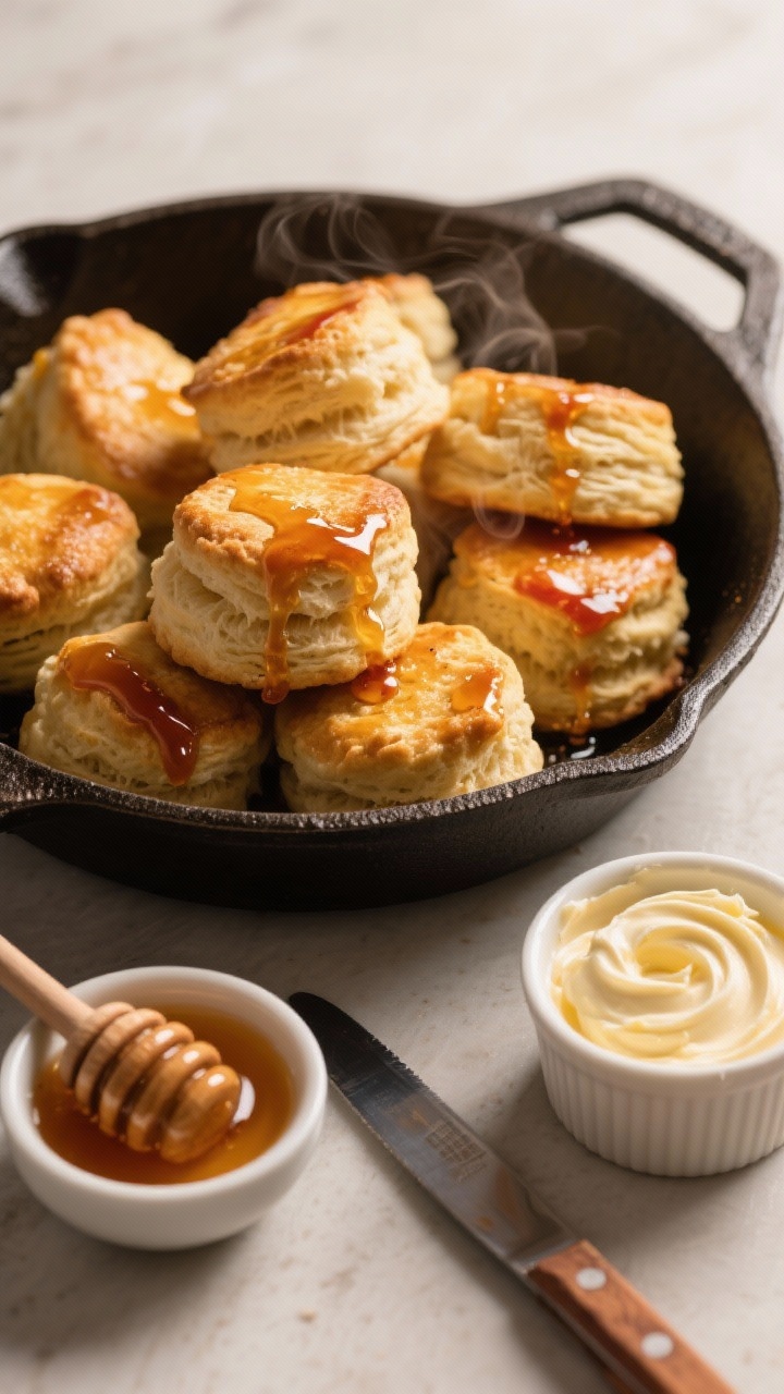 45-degree angle process-meets-final shot of hot honey skillet biscuits: a cast-iron skillet filled with tall, golden drop biscuits just brushed with glossy hot honey (honey mixed with a hint of hot sauce), small drips catching the light. Off to the side, a ramekin of whipped cinnamon butter with swirl marks, a butter knife resting alongside. A small bowl holding the hot honey mixture and a honey dipper included. Warm, cozy lighting to emphasize flaky layers, steam, and the lacquered sheen.