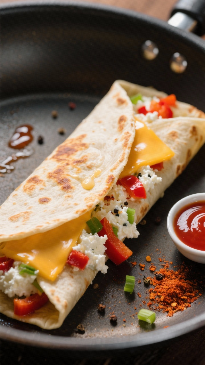 45-degree angle process shot of a Savory Cottage Cheese Wrap in a nonstick skillet: tortilla folded in half with the cut edge facing camera, golden and crispy spots; melty cheddar peeking from the seam; cottage cheese mixture inside dotted with red bell pepper and green onion, flecks of smoked paprika and black pepper visible; a glossy drizzle of chili crisp along the fold; small dish of hot sauce and a sprinkle of paprika on the side; warm directional light highlighting crispy edges.