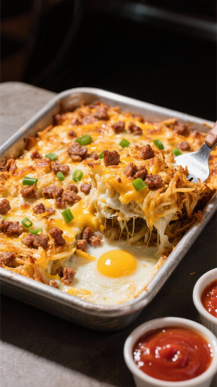 45-degree angle, process-to-final shot of a Cheesy Hash Brown and Sausage Crunch Bake in a metal 9x13 pan: browned breakfast sausage crumbles over a bed of crispy shredded hash browns, eggs and milk custard set and bubbling, cheddar and Monterey Jack melted with a broiled, deeply golden, slightly blistered top. Garnish of sliced green onions scattered, a spatula lifting a corner to show layered textures. Warm diner vibes, high-contrast light to emphasize crunch, small ramekins of salsa and ketchup in frame.