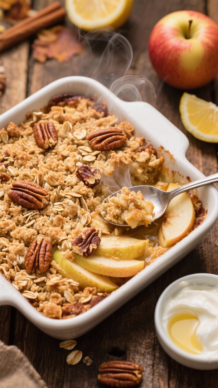 45-degree angle shot of a baked cinnamon apple protein crisp in an 8x8 baking dish, golden, crunchy oat-almond-protein crumble on top with visible chopped pecans and a dusting of cinnamon. Steam rising, spoon breaking into tender apple slices beneath. Style with a small bowl of vanilla Greek yogurt on the side, a drizzle-ready spoon of melted coconut oil, and whole apples (Honeycrisp) plus lemon halves nearby. Warm, cozy fall tones on a rustic wooden table.