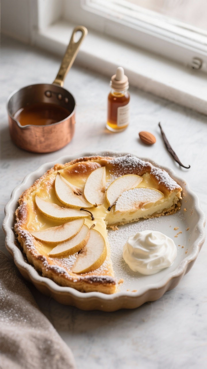 45-degree angle shot of a brown butter pear clafoutis in a 9-inch ceramic tart dish, custard set with a slight wobble and edges lightly puffed; pear slices fanned visibly beneath a dusting of powdered sugar; a small copper saucepan of browned butter and a bottle of vanilla nearby, with almond extract dropper as a nod to the optional flavor; cool room-temp serving vibe, gentle natural window light, slice plated on a side dish with a dollop of crème fraîche