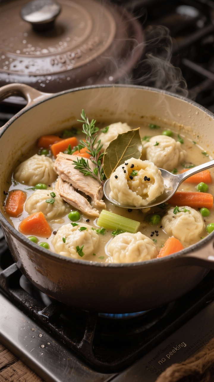 45-degree angle shot of a Dutch oven on the stovetop showing chicken and herb dumplings; tender chicken, carrots, celery, peas in a glossy, creamy broth with fluffy dumplings puffed on the surface; bay leaf and thyme sprigs peeking through; a spoon lifting one dumpling to reveal the stewy base, black pepper flecks and chopped parsley scattered on top; warm, homey lighting with condensation on the lid nearby, capturing the “no peeking” finish and comforting steam.
