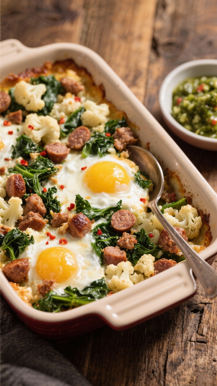 45-degree angle shot of a High-Protein Turkey Sausage, Kale & Cauliflower Hash Casserole in a ceramic 9x13 pan: visible browned turkey sausage crumbles, riced cauliflower, bright green kale, flecks of red pepper flakes, and a glossy, puffed egg custard enriched with Greek yogurt and melted part-skim mozzarella. Place a spoon resting in the corner showing the set, juicy interior; garnish with a dish of salsa verde on the side. Warm, cozy light with a rustic wood tabletop background.