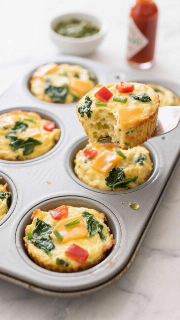 45-degree angle shot of no-flip omelet muffins cooling in a 6-cup tin: fluffy egg muffins visibly studded with chopped baby spinach, sharp cheddar melt, red bell pepper, and chives, light sheen from olive oil, one muffin lifted with a small offset spatula to show airy interior, a tiny bowl of pesto and a bottle of hot sauce in the background, clean, bright kitchen light