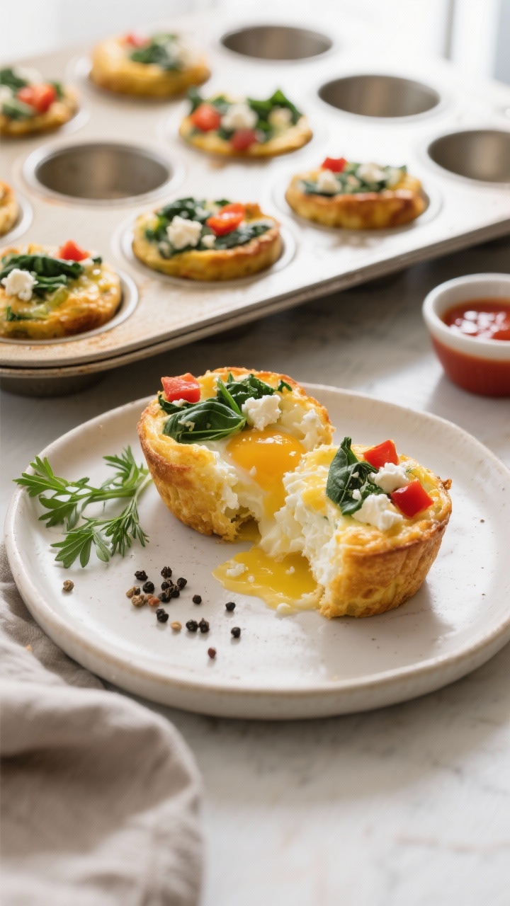 45-degree angle shot of Savory Cottage Cheese Egg Bites just out of a muffin tin: golden, set tops studded with chopped baby spinach, crumbled feta, diced roasted red peppers, and flecks of dill/parsley. Include a lightly greased 12-cup muffin pan, one bite cut open to show soft, custardy interior from blended eggs and cottage cheese. Garnish plate with extra herbs, black pepper, and a small dish of hot sauce. Warm, inviting café feel with soft window light and minimal props.