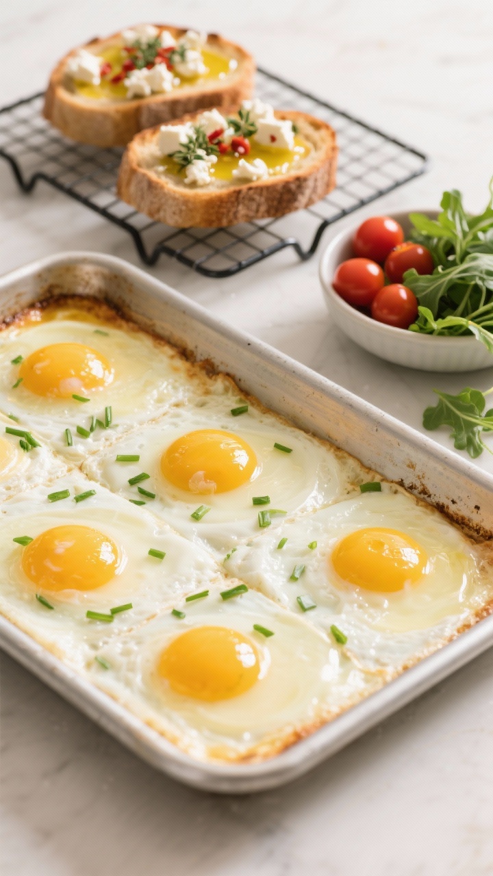 45-degree angle shot of savory sheet-pan soft eggs just out of the oven: a quarter sheet pan with custardy, jiggly baked eggs flecked with chives, sliced into neat squares. In the background, sourdough toasts topped with crumbled feta, oregano, red pepper flakes, and a glossy olive oil drizzle on a wire rack. Add a small bowl of cherry tomatoes and a handful of arugula on the side. Warm, clean light, minimal styling on a light metal baking tray to emphasize the creamy egg texture and melty feta.