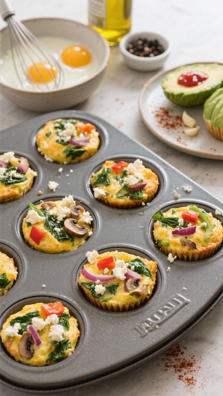 45-degree angle shot of Veggie-Loaded Egg White Frittata Muffins cooling in a 12-cup muffin tin: fluffy golden tops with visible spinach, diced bell peppers, chopped mushrooms, and red onion, crowned with crumbled feta; a nearby bowl with whisked egg whites and whole eggs dusted with smoked paprika and garlic powder; olive oil spray in the background, a small dish of black pepper, and a side plate with two muffins served with avocado slices and a dab of hot sauce; warm, savory mood with natural light and minimal props to highlight meal-prep ease.