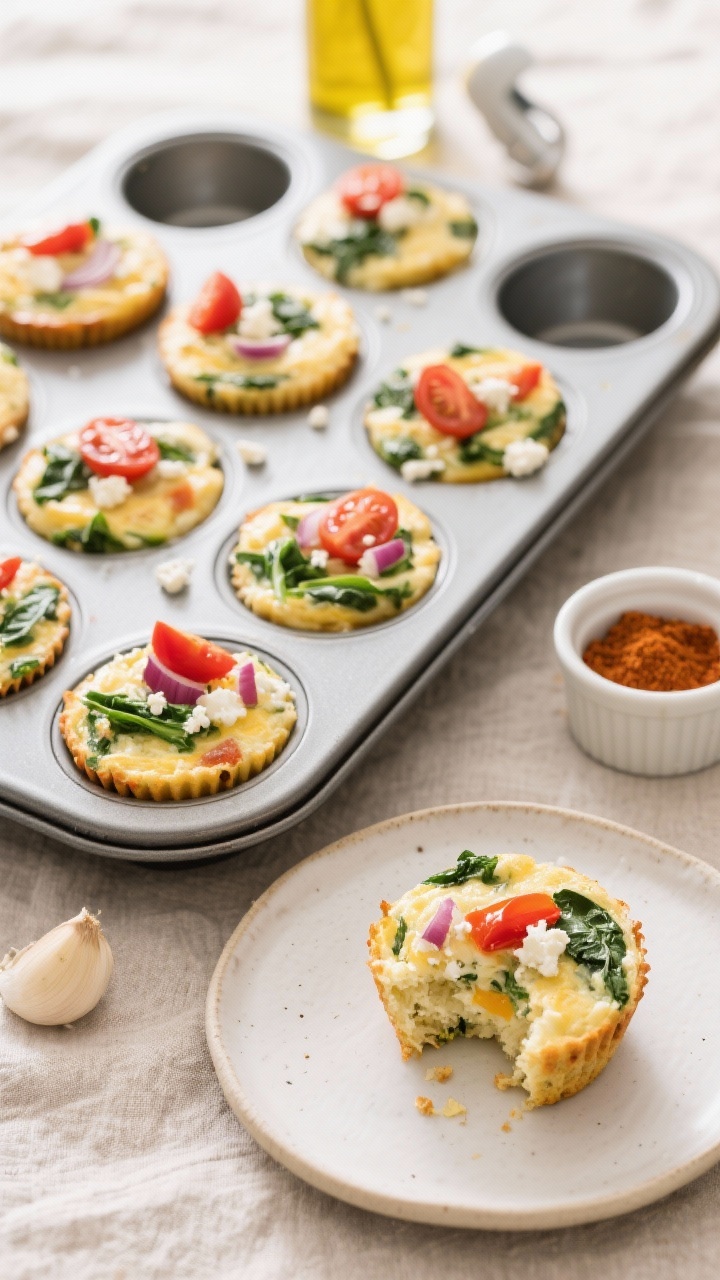 45-degree angle shot of Veggie-Loaded Egg White Frittata Muffins cooling in a 12-cup tin: light, fluffy egg white muffins studded with finely chopped spinach, red bell pepper, red onion, cherry tomato quarters, and crumbles of feta, lightly golden edges. A small ramekin of smoked paprika and another of garlic powder nearby, with an avocado oil spray canister in frame. One muffin cut open on a plate to show the airy interior; neutral linen backdrop, soft natural light for a meal-prep vibe.