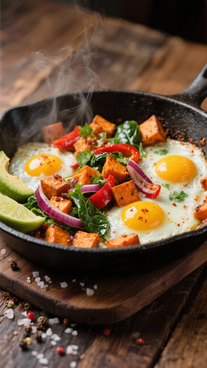 45-degree angle skillet scene of a savory sweet potato breakfast hash: caramelized cubes of sweet potato, red onion ribbons, and red bell pepper sautéed in olive oil, dusted with smoked paprika, cumin, and a hint of red pepper flakes. Four wells hold just-set eggs with runny yolks, steam visible. Wilted glossy spinach tucked throughout, finished with chopped cilantro. Avocado slices and lime wedges on the rim of the skillet, coarse sea salt and cracked black pepper sprinkled. Warm, hearty diner-meets-home vibe on a rustic wooden table.