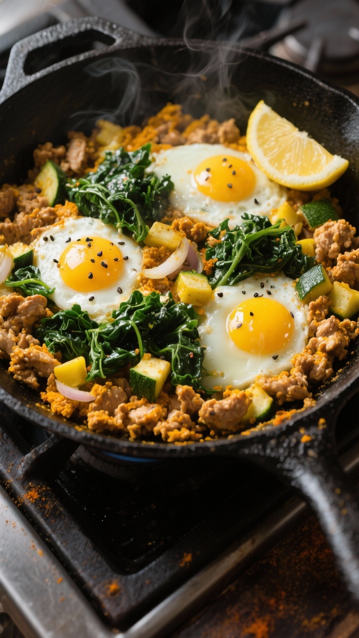 45-degree angle skillet scene of a Turmeric Chicken Breakfast Skillet with Greens and Eggs: a large black skillet filled with golden ground chicken seasoned with turmeric, cumin, and smoked paprika, sautéed diced yellow onion and zucchini, wilted kale, and two to three eggs cooked in wells with glossy, runny yolks. Finish with cracked black pepper and a squeeze-ready lemon wedge on the side. Rustic stovetop setting, warm directional light, slight steam, vibrant yellow-orange spice tones against deep greens.