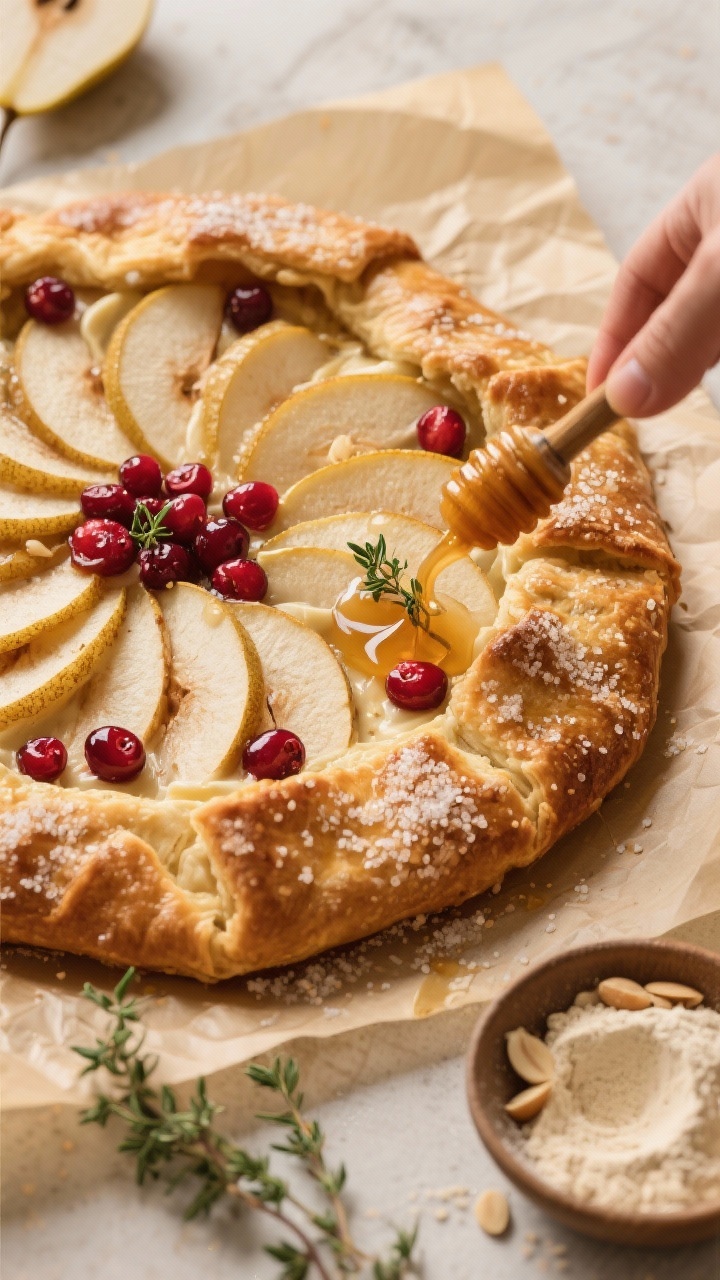 45-degree angle styled shot of a Pear and Cranberry Frangipane Galette on parchment: flaky, free-form crust pleated over frangipane, sprinkled with turbinado sugar; thinly sliced pears fanned over almond cream with pops of ruby cranberries; a warm honey-thyme glaze being brushed on, giving a luminous sheen; scattered fresh thyme leaves and a small bowl of almond flour nearby; golden, elegant fall palette, sharp detail on crust layers and glossy fruit, minimal props for a refined rustic feel.