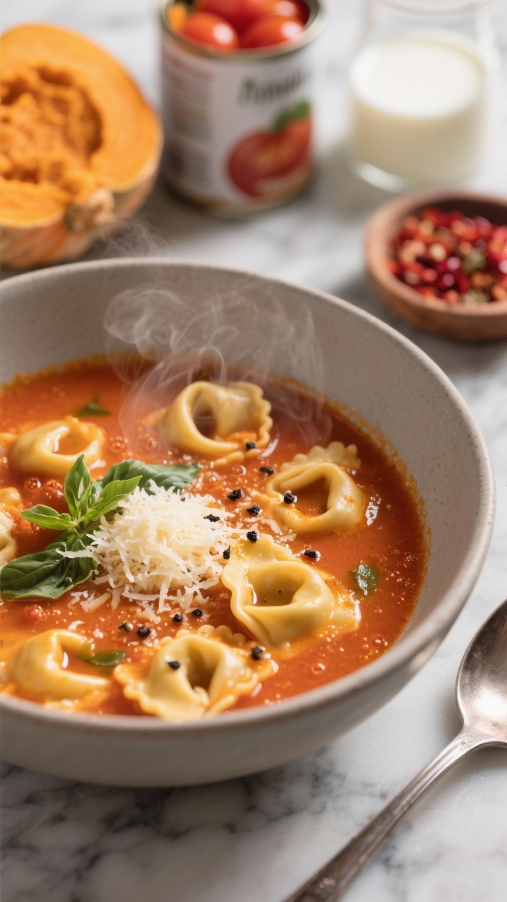 45-degree close-up of a steaming bowl of creamy pumpkin tomato tortellini soup: silky orange-red broth with cheese tortellini floating, micro-bubbles of olive oil, grated Parmesan melting on top, black pepper flecks, and chopped basil; background includes ingredients—can of pumpkin puree, crushed tomatoes, milk/half-and-half, Italian seasoning, red pepper flakes—subtly blurred; shot in a matte ceramic bowl on a marble counter, ladle resting nearby, one-pot comfort mood, shallow depth of field highlighting velvety texture.