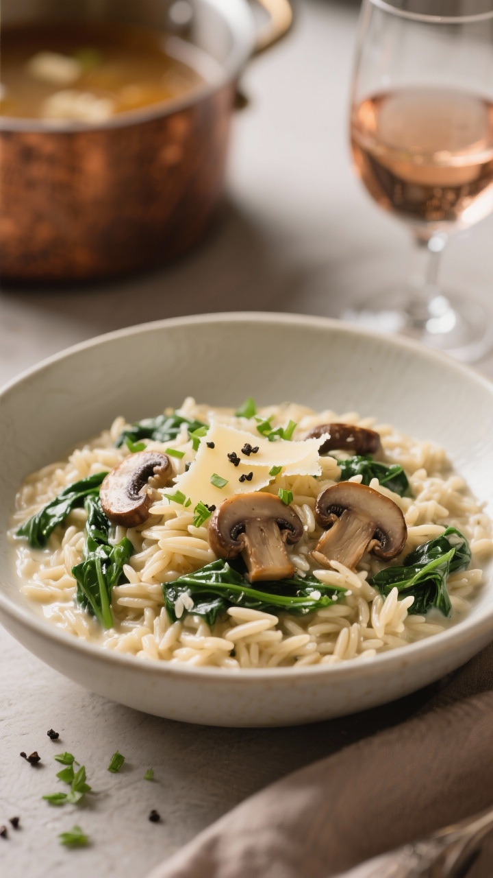 45-degree cozy bowl shot of creamy mushroom and spinach orzo “risotto”: orzo suspended in a velvety sauce with browned cremini mushrooms, wilted baby spinach, and melted Parmesan, enriched with a touch of mascarpone for extra gloss. Garnish with chopped parsley or chives and fresh black pepper. A wine glass and warm broth pot in the background hint at the cooking process. Soft, directional light to accentuate the silky texture and mushroom browning.