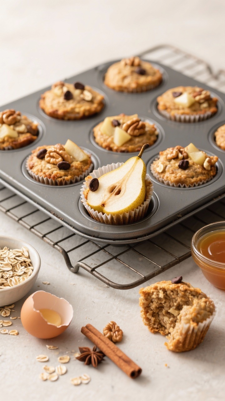 45-degree ingredient-to-final transition shot on a baking rack: cinnamon-baked pear and walnut oat cups in a 12-cup muffin tin, some cups lifted out to reveal golden tops with visible diced pear, chopped walnuts, and a few dark chocolate chips; nearby small bowls of rolled oats, ground cinnamon and nutmeg, maple syrup, applesauce, and a cracked egg; one oat cup split open to show moist, chewy interior; neutral backdrop, soft morning light, portable breakfast mood, crisp details and appetizing warmth.