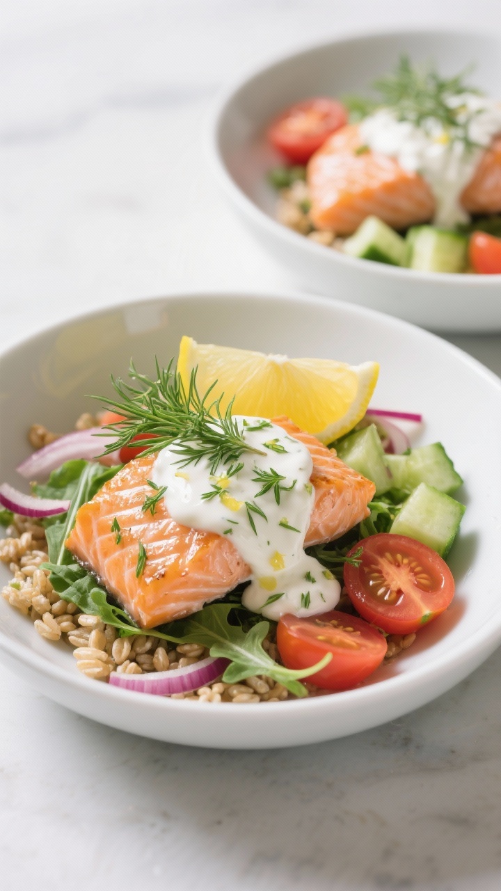 45-degree plated bowl composition: Lemon-dill Greek yogurt salmon bowls arranged in wide white bowls—base of farro, arugula, cherry tomato halves, diced English cucumber, and thin red onion slices; salmon topped with a glossy, creamy lemon-dill Greek yogurt sauce (lemon zest, juice, dill, Dijon, garlic) with extra sauce drizzled; lemon wedge and fresh dill fronds for garnish; bright, airy natural light, crisp colors, clean modern props, focus on the tangy creaminess and herb flecks in the sauce.