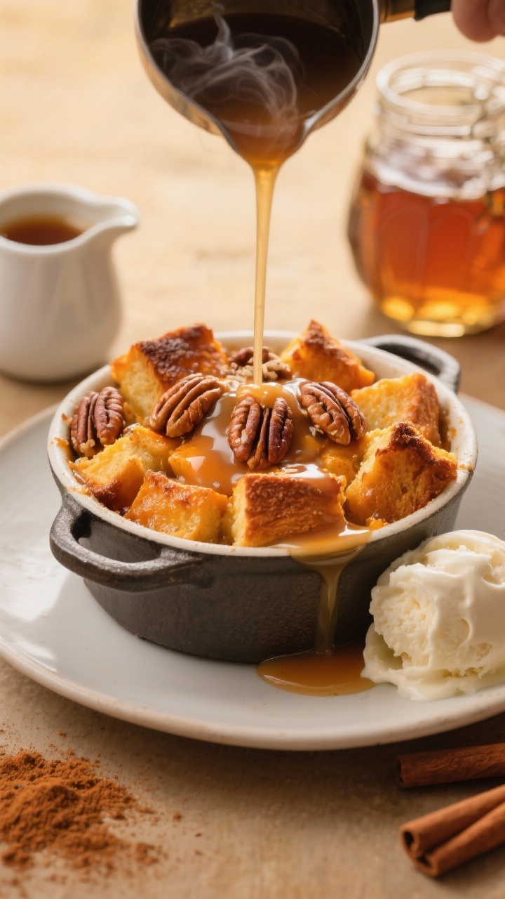 45-degree plated dessert shot of Pumpkin Pecan Bread Pudding: custardy, pumpkin-orange brioche cubes with caramelized edges and toasted pecans on top, served warm in a small cast-iron or ceramic baking vessel from the slow cooker. A slow pour of glossy vanilla maple sauce captured mid-stream, pooling along the ridges; a scoop of vanilla ice cream melting at the side. Props include a small pitcher of sauce, a jar of maple syrup, and a sprinkle of pumpkin pie spice and cinnamon nearby. Golden, cozy lighting, subtle steam, inviting and decadent.