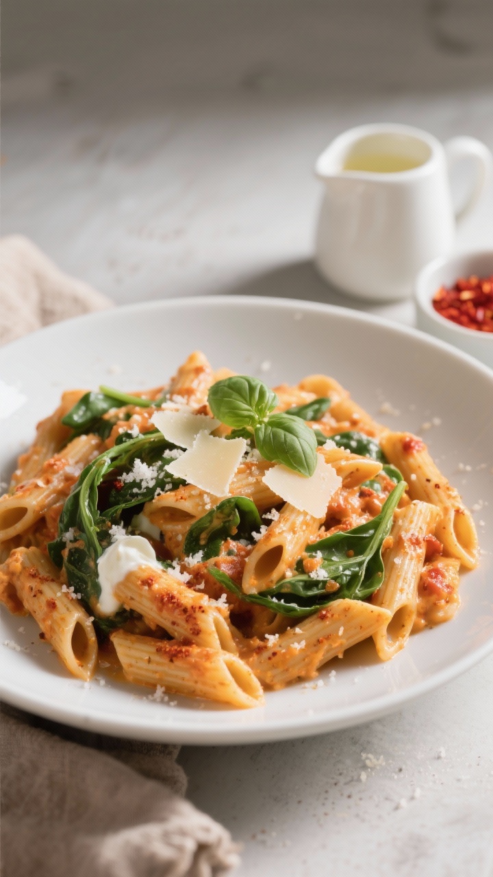 45-degree plated pasta close-up: whole-wheat penne coated in a creamy pumpkin and crushed tomato sauce, silky from a touch of Greek yogurt, speckled with Italian seasoning and smoked paprika; ribbons of wilted baby spinach folded through; topped with a light snow of grated Parmesan and fresh basil leaves; served in a wide, shallow white bowl with a small pitcher of reserved pasta water and a pinch bowl of red pepper flakes off to the side; cozy, kid-friendly vibe, soft diffuse light.