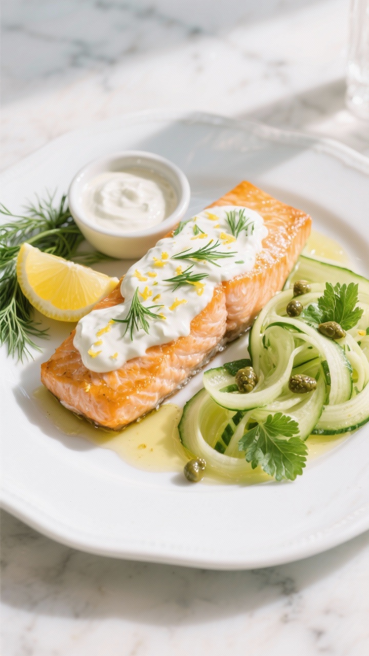 45-degree plated presentation: Lemon-dill Greek yogurt salmon, lightly golden and just-cooked, topped with a generous drizzle of creamy yogurt sauce flecked with fresh dill, lemon zest, and Dijon. On the side, a cool cucumber ribbon salad with capers and parsley/mint, glistening with lemon and olive oil. Include lemon wedges, extra dill sprigs, and a small dish of the remaining sauce. Clean, airy styling on a white ceramic plate over light marble, natural daylight for a fresh, tangy vibe.