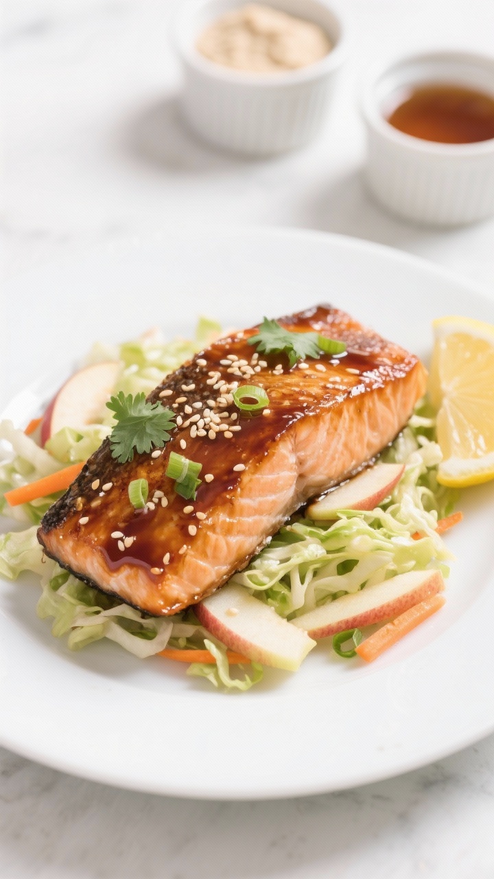 45-degree plated presentation: maple-miso glazed salmon fillet, lacquered and caramelized at the edges, served over a crunchy apple-cabbage slaw (shredded green cabbage, matchsticked crisp apple, grated carrot, scallions, cilantro), tiny sesame seeds scattered on top; glaze ingredients (white miso, maple syrup, tamari, ginger, rice vinegar) in small ramekins blurred in background; bright, clean styling on a white plate with a lemon wedge; cool-meets-warm color contrast, modern weeknight vibe.