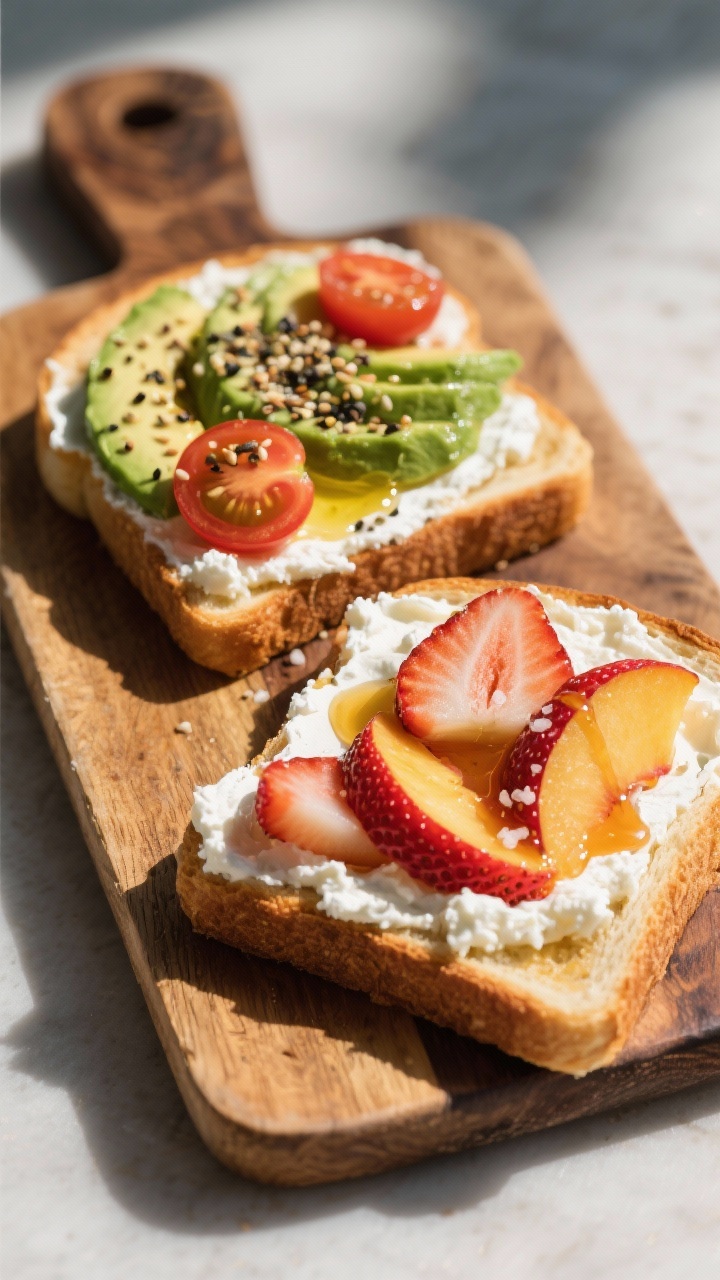 45-degree plated presentation of Cottage Cheese Toast, half savory, half sweet, on a rustic wood board: two golden toasted sourdough slices thickly spread with cottage cheese—one topped with avocado slices, cherry tomato halves, olive oil sheen, everything bagel seasoning, flaky salt, and black pepper; the other topped with fanned strawberry slices, juicy peach wedges, and a drizzle of hot honey with a pinch of salt; bright, natural daylight highlighting creamy vs crunchy textures, no people, minimal garnish.