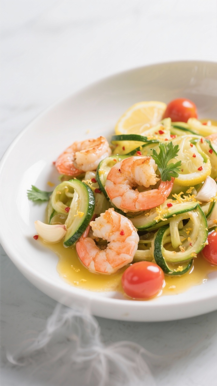 45-degree plated presentation of Garlicky Lemon Shrimp with Zucchini Ribbons: a shallow white bowl piled with glossy zucchini ribbons coated in lemon-butter sauce, topped with pink shrimp seared in olive oil and butter, thin slices of sautéed garlic visible, flecks of red pepper flakes, fresh parsley, and lemon zest. A small pour of golden sauce pooling at the base, steam subtly rising. Optional cherry tomatoes scattered for color, clean slate background, bright, tangy mood.