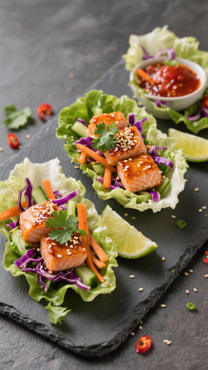 45-degree plated presentation of “Spicy Salmon Lettuce Wraps With Crunchy Slaw”: butter lettuce cups loaded with shredded purple cabbage, julienned carrot, cucumber matchsticks, and green onion, topped with glossy chili-garlic–tamari–sesame glazed salmon cubes; sprinkled with toasted sesame seeds and fresh cilantro; lime wedges and a small dish of extra chili-garlic sauce in frame; vibrant, saucy, and crisp textures, shot on a matte slate board for contrast, no people, emphasis on sticky glaze and fresh crunch.