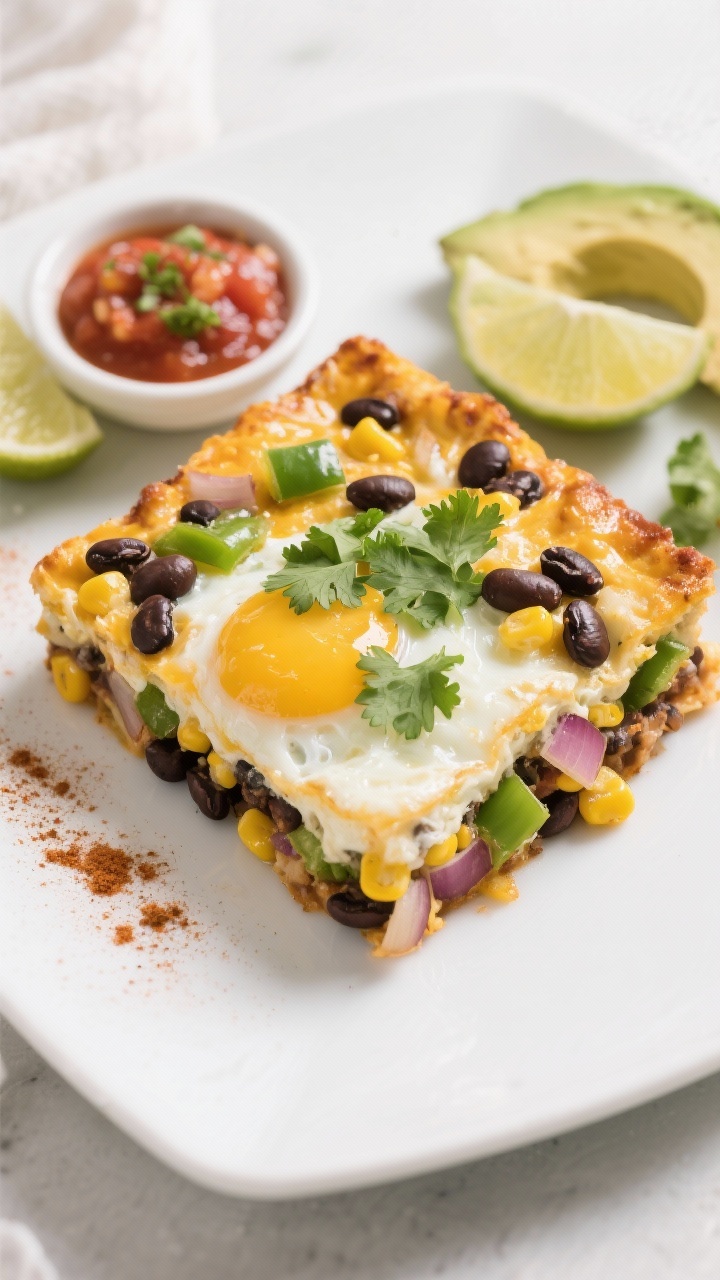 45-degree plated presentation of Tex-Mex Black Bean, Corn & Egg White Casserole: a square slice on a matte white plate showing tender set egg whites studded with black beans, yellow corn, green bell pepper, onion, and melted low-fat cheddar or pepper jack. Garnished with chopped cilantro, served with salsa, lime wedges, and sliced avocado on the side. Bright, colorful styling with a subtle chili powder and cumin vibe; crisp, clean light to accent the fresh, zesty mood.