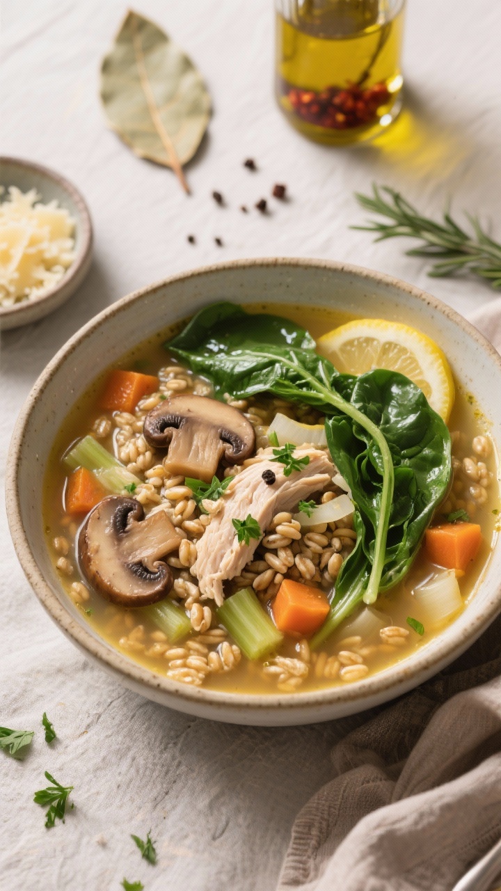45-degree plated scene of Cozy Chicken, Farro & Mushroom Soup in a deep ceramic bowl: clear golden chicken broth studded with chewy pearled farro, browned cremini slices, shredded chicken thighs, diced carrots, celery, and onion; ribbons of just-wilted baby spinach and a finishing squeeze of lemon give bright highlights; garnished with chopped parsley and a light dusting of black pepper; place a small dish of grated Parmesan and a bottle with chili oil in the background; show a bay leaf and crushed rosemary/thyme scattered on the linen to nod to aromatics; clean, inviting, weeknight-cozy mood.