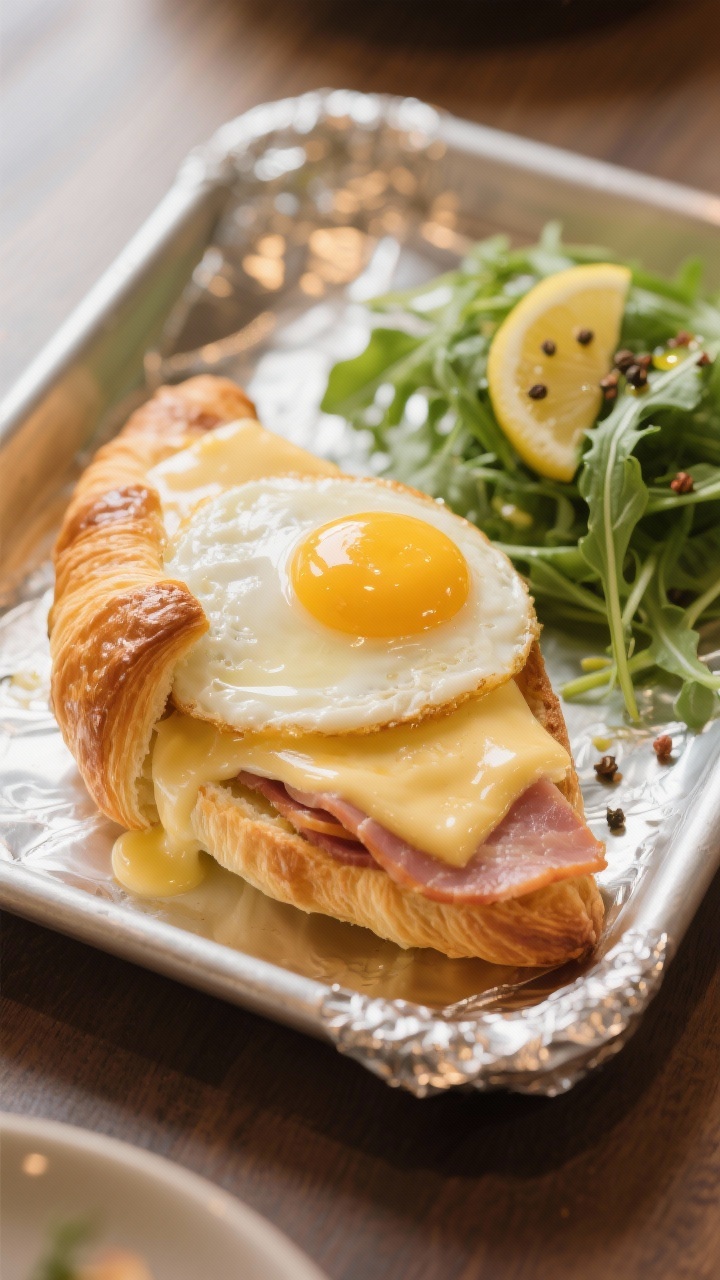 45-degree plated shot: croissant croque madame on a small baking tray lined with foil, flaky croissant split and filled with layers of ham and melted Gruyère, silky béchamel spooned over the top and slightly bronzed, crowned with a sunny-side-up egg with a runny golden yolk just beginning to spill; a side of arugula lightly dressed with lemon and olive oil; pepper flecks and a hint of nutmeg; warm, café-style lighting emphasizing the glossy sauce and crisp croissant texture.