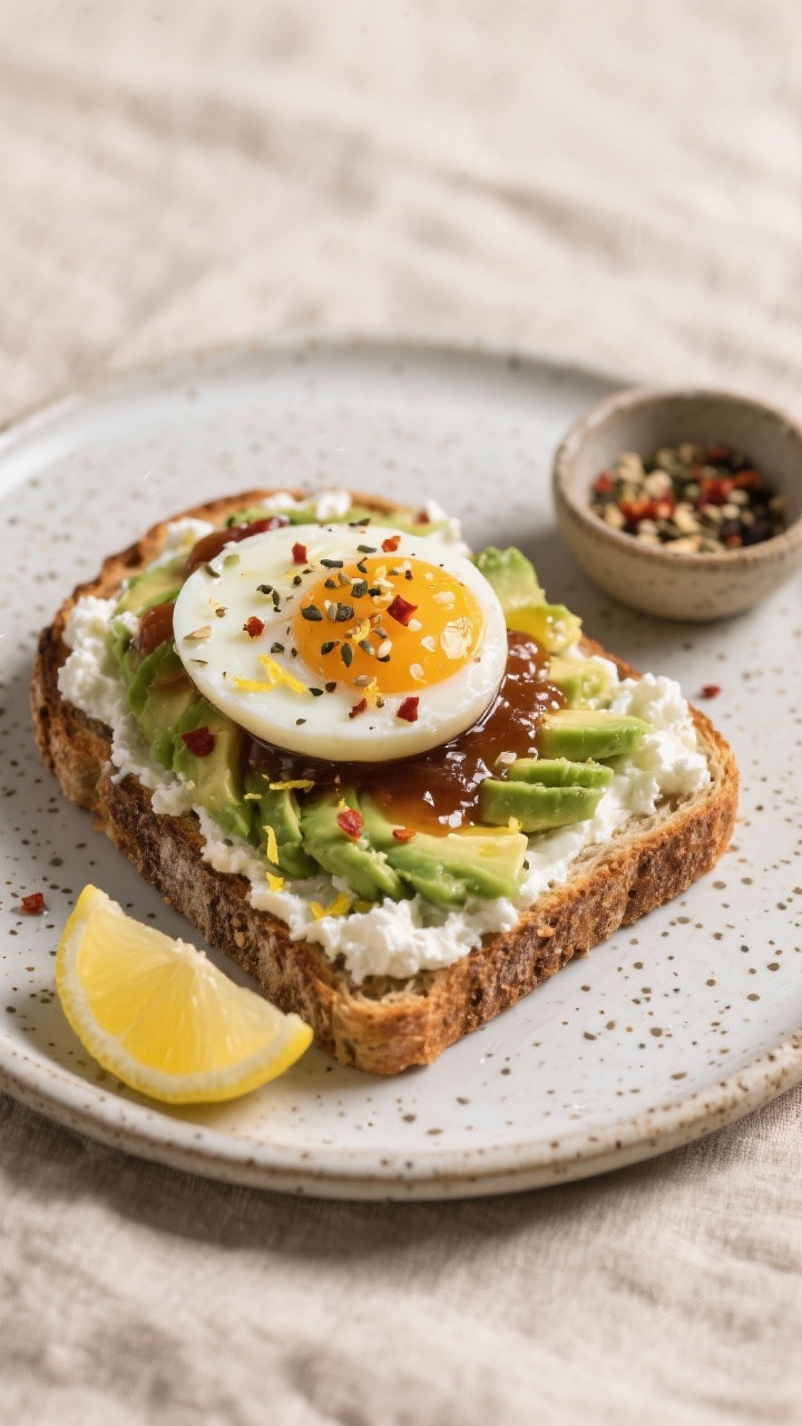 45-degree plated shot of savory cottage cheese avocado toast with a jammy egg on rustic sourdough: thick layer of cottage cheese, smashed avocado with olive oil sheen, sliced soft-boiled egg with glossy jammy yolk fanned on top, finished with everything bagel seasoning, chili flakes, flaky sea salt, and a whisper of lemon zest. Set on a speckled stoneware plate with a lemon wedge and a tiny bowl of seasoning; crisp toast edges, creamy layers, brunch-y vibe, neutral linen backdrop.