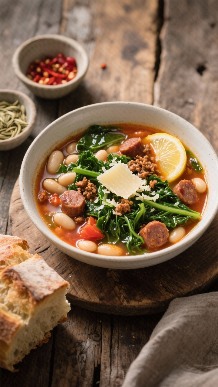 45-degree rustic presentation of Sausage, White Bean & Kale Soup: brothy bowl with crumbled browned Italian sausage, plump cannellini beans, ribbons of bright-green Tuscan kale, and tomato-streaked chicken broth; a visible Parmesan rind peeking at the edge of the pot; finish with a squeeze of lemon, a shower of grated Parmesan, and a glossy drizzle of olive oil; place fennel seeds and red pepper flakes in tiny pinch bowls nearby; set on a worn wooden table with a crusty heel of bread; warm, homey lighting that suggests weeknight comfort.