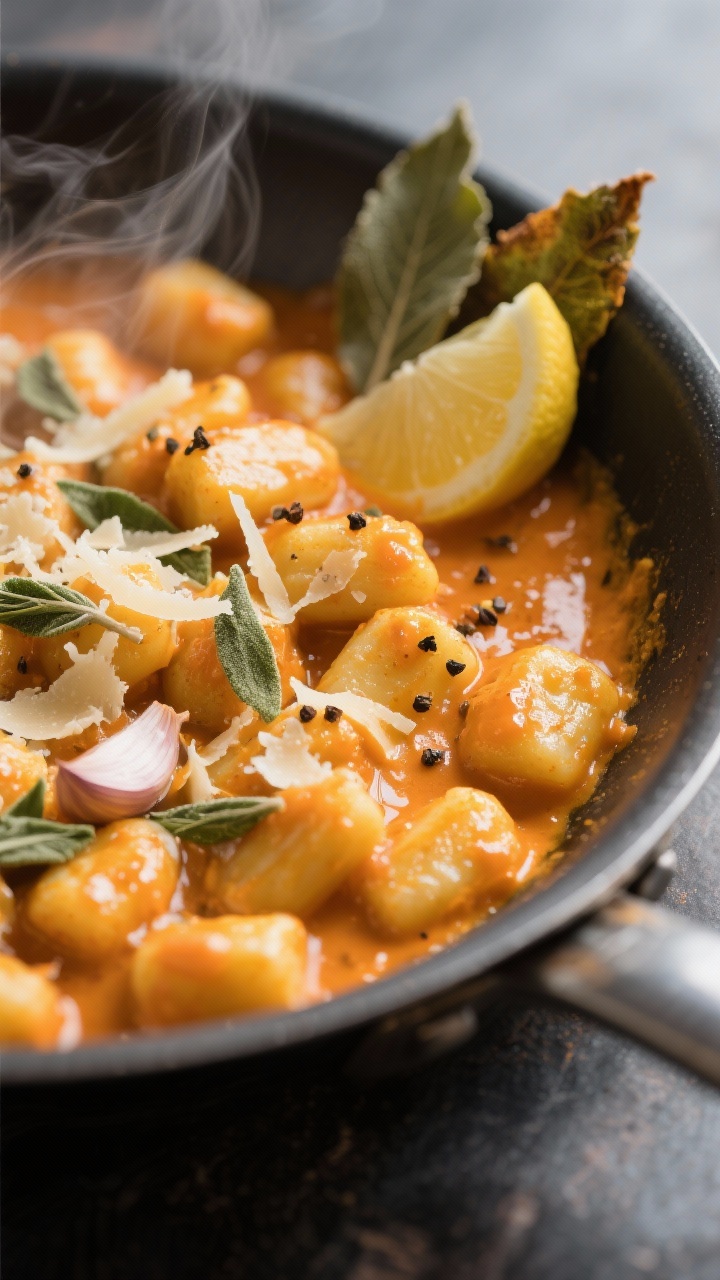 45-degree skillet close-up: creamy pumpkin gnocchi simmering in one pan, silky orange sauce clinging to pillowy gnocchi, ribbons of sautéed garlic and chopped sage visible, finished glossy with grated Parmesan. Steam rising, a lemon wedge and extra fried sage leaves on the rim for garnish, sprinkled black pepper and a pinch of nutmeg. Cozy, soft light with shallow depth of field to highlight the sauce’s sheen and gnocchi texture.