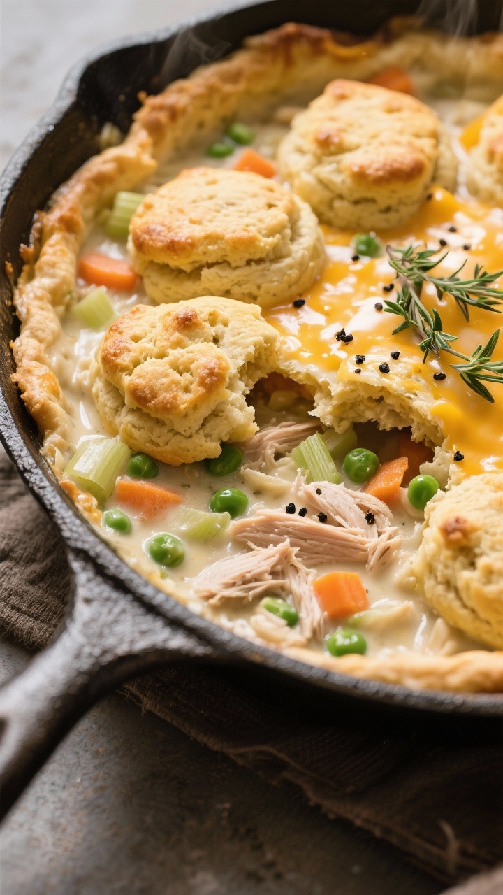 45-degree skillet hero shot: bubbling turkey pot pie filling in an oven-safe skillet—creamy sauce studded with shredded turkey, peas, diced carrots, celery, and thyme—topped with golden, puffed cheddar drop biscuits; biscuits show crisp, craggy edges with melted cheese freckles; slight break in one biscuit reveals steamy interior and thickened gravy below; sprinkled black pepper and a few fresh thyme leaves for aroma; warm, cozy tones with directional light highlighting textures.
