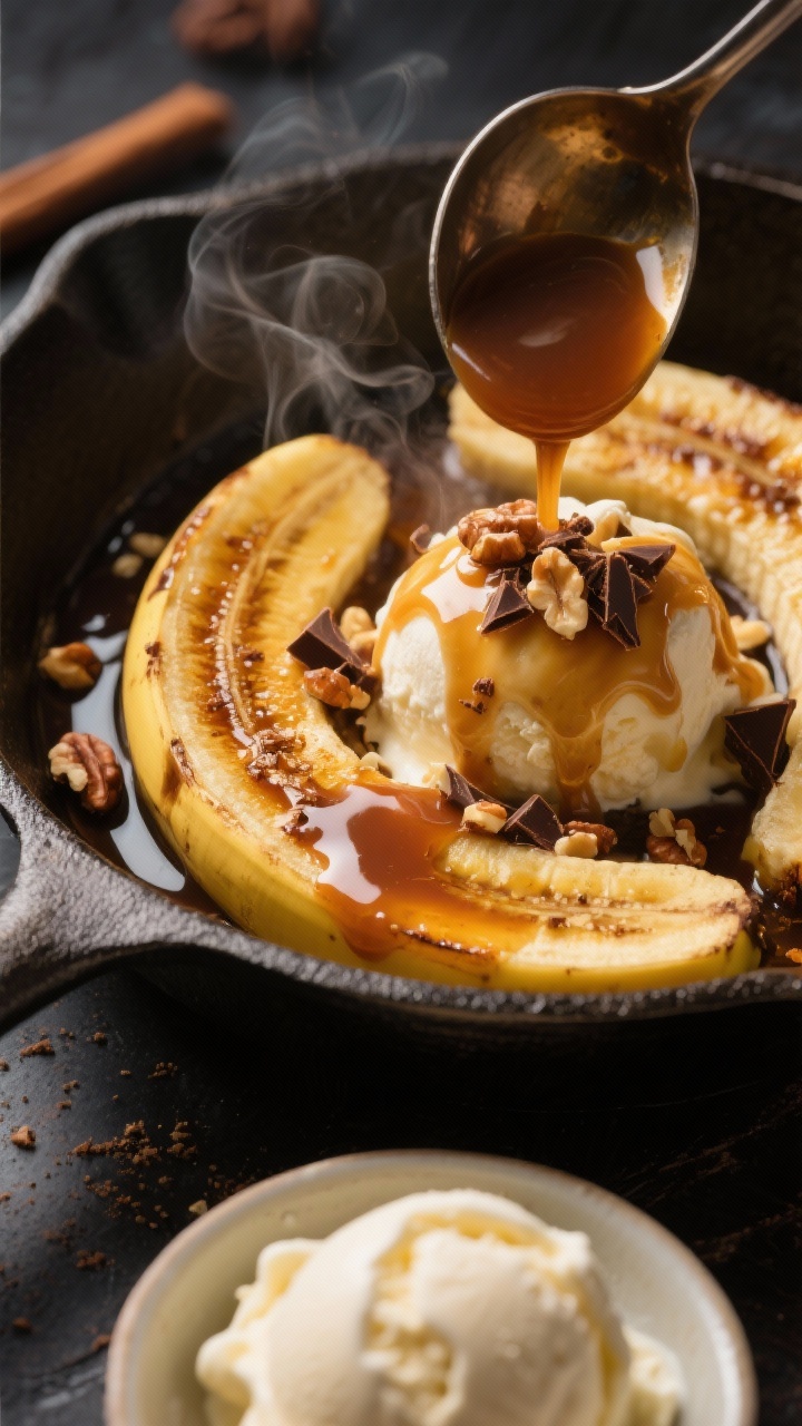 A 45-degree angle action shot of skillet-caramelized banana sundaes: ripe banana halves cut-side down in a glossy caramel sauce of butter, brown sugar, vanilla, cinnamon, and a pinch of salt, with a splash of dark rum bubbling and catching amber highlights. In the foreground, a scoop of vanilla ice cream in a shallow bowl awaits, ready to be topped, with warm sauce spooned over and toasted nuts and shaved chocolate sprinkled on top. Steam subtly visible, rich golden-brown tones, high contrast to showcase sticky caramel and creamy ice cream melt.