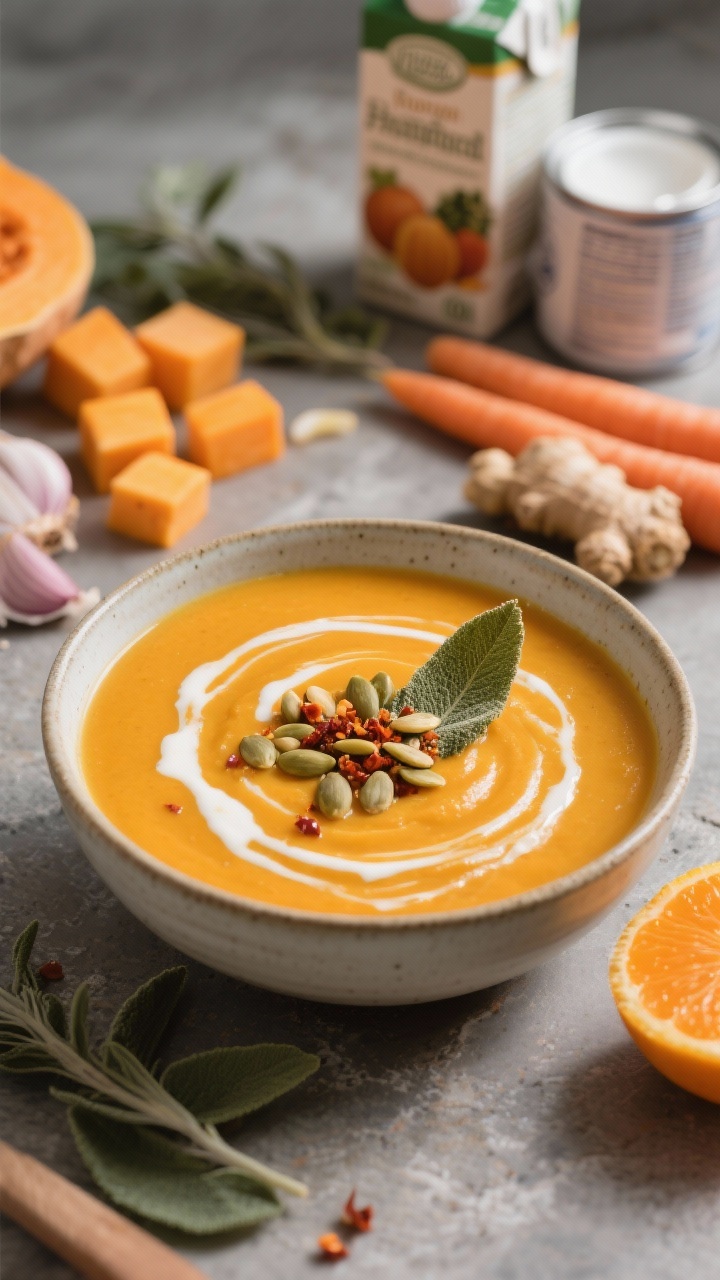 A 45-degree angle bowl presentation of Harvest Butternut Squash Soup with Coconut and Sage: silky, vibrant orange soup swirled with a drizzle of creamy coconut milk, topped with toasted pepitas, chili flakes, and a small fried sage leaf. In the blurred background, raw ingredients—peeled butternut squash cubes, carrots, onion, smashed garlic, fresh ginger, and whole sage leaves—sit near a carton of vegetable broth and a can of coconut milk. Soft fall lighting, ceramic bowl on a stone surface, subtle orange wedge on the side hinting at optional brightness.