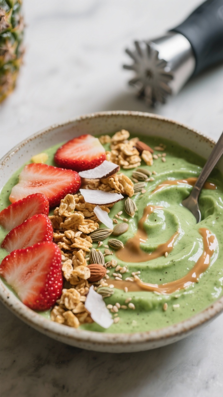 A 45-degree angle bowl shot of a Creamy Green Smoothie Bowl: ultra-thick blend of frozen banana, pineapple, spinach, almond milk, almond butter, hemp seeds, vanilla, and a pinch of salt, poured into a shallow stoneware bowl with luscious swirls. Topped with neatly arranged sliced strawberries, golden granola clusters, coconut flakes, extra seeds, and a glossy drizzle of nut butter. Cool green tones contrast with bright red berries and toasty toppings; tamper and blender in soft-focus background. Fresh, vibrant, spoonable texture emphasized.
