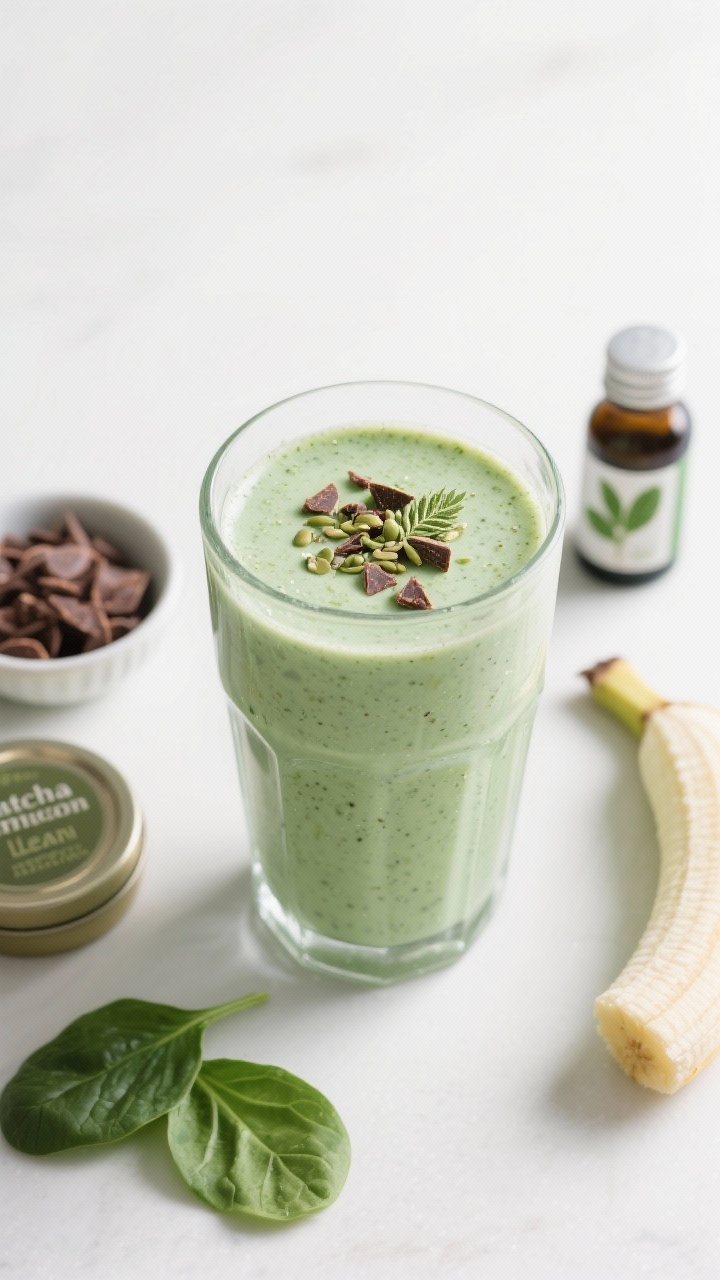 A 45-degree angle close-up of the Matcha Mint Chip Lean Green Shake in a clear glass, pale mint-green color with tiny flecks of matcha and pulsed cacao nibs visible; thick, creamy texture with gentle condensation. Garnish with a sprinkle of cacao nibs on top and a few hemp seeds. Style with a small bowl of cacao nibs, a tin of matcha, peppermint extract bottle, half a frozen banana, and a few spinach leaves for color on a matte white surface. Clean, modern, spa-like lighting that feels refreshing and luxe.